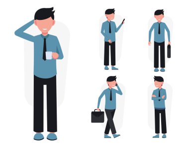 Farklı eylemleri olan, izole edilmiş vektör illüstrasyonu olan çizgi film karakterlerindeki iş adamları.