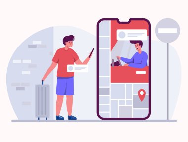 Şoför, müşteriyi buluşma noktasından almak için GPS navigasyon teknolojisini kullanıyor. vektör çizimi düz tasarım