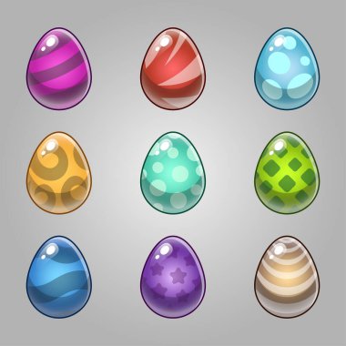 İzometrik oyun elemanları için simgeler ayarlandı, soyut düz oyun konsepti için Canavar yumurtalarının renkli izole vektör çizimi