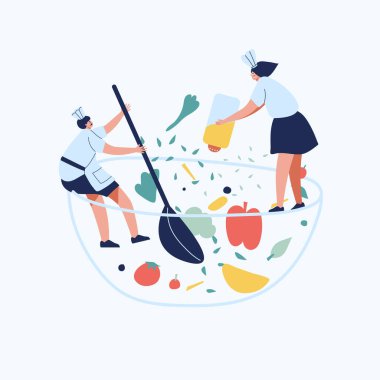 Aşçı mutfak web şablonu üzerinde çalışıyor, cep telefonu, iniş sayfası, şablon, UI, web, mobil uygulama, poster, afiş, düz vektör çizimi için karikatür tarzı ekran şablonu