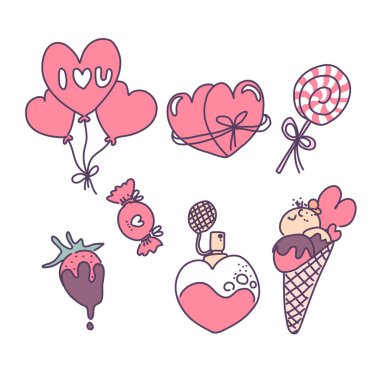 Sevgililer Günü davetiye kartları ve sayfa dekorasyonu için Düz Vektör illüstrasyonu, Sevgililer Günü konseptinde belirlenmiş büyük izole edilmiş aşk unsurları koleksiyonu