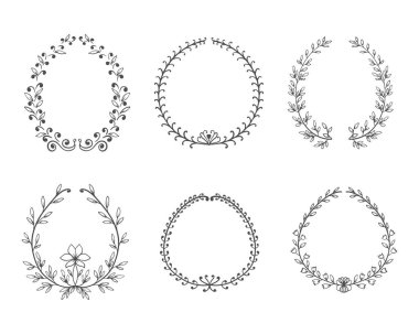 Çiçek süsü ile dekoratif çerçeve. Düğün davetiyesi çiçekli çelenk tasarımı asgari düzeyde. Süs eşyalarıyla dolu bir vektör şablonu. Vektör illüstrasyon düz tasarım