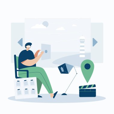 Cep telefonu, iniş sayfası, şablon, UI, web, mobil uygulama, poster, afiş, düz vektör illüstrasyonu için video grafikeri, çizgi film tarzı Screen web şablonu ile çalışıyor