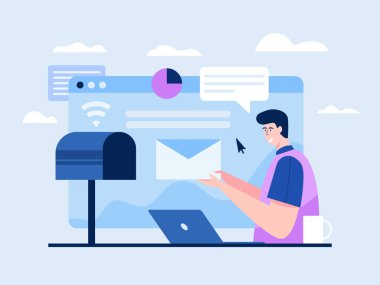 E-posta pazarlama kampanyası konsepti. E-posta servisi, kişisel ve pazarlama için elektronik posta mesajıdır. Şirket müşterilerine e-posta gönderen bir adam. Vektör düz resimleme