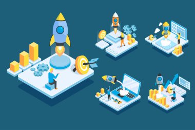 İzometik adam dizüstü bilgisayarla karikatür, düz vektör illüstrasyonu tasarlamaya çalışıyor.