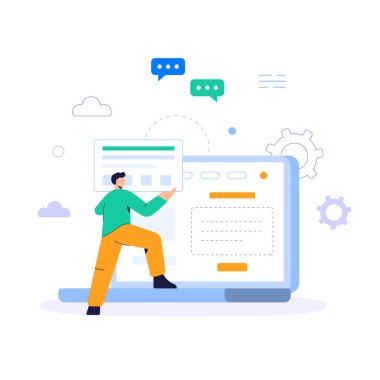 Web sitesi programcıları ve sanat departmanı şirketin faaliyetlerini desteklemek için bir şirket web sitesi oluştururlar. Ve şirketin ürünlerini satmak için mağaza önü sistemi düz çizim vektörü