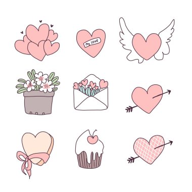 Sevgililer Günü davetiye kartları ve sayfa dekorasyonu için Düz Vektör illüstrasyonu, Sevgililer Günü konseptinde belirlenmiş büyük izole edilmiş aşk unsurları koleksiyonu