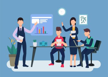 Şirket toplantı odasında sunum aşağıdaki bölümlerden oluşur: üst düzey yönetim, sekreter, yönetici, satış, muhasebe, finans, asistan, satın alma, 