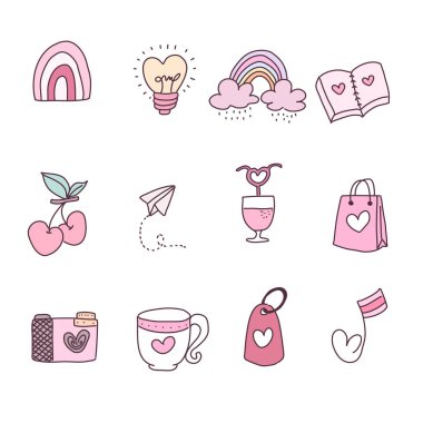 Sevgililer Günü davetiye kartları ve sayfa dekorasyonu için Düz Vektör illüstrasyonu, Sevgililer Günü konseptinde belirlenmiş büyük izole edilmiş aşk unsurları koleksiyonu