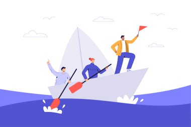 Deniz vektöründe bir tekne. Okyanus kıyıya doğru, dağlarla mavi bulutlu gökyüzü bulutlarla kaplı..