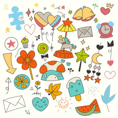 El çizimi karakterler, hayvanlar ve vektör elementleri açık beyaz arka planda. Vektör illüstrasyonu.