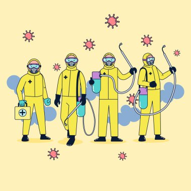 Mikroplara dayanıklı giysiler giyen tıbbi ekip büyük bir salgın karşısında koronavirüs için dezenfektan sıktı. düz çizim vektör tasarımı