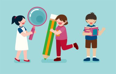 Şirin çocukların kitap okuyup öğrendikleri ve yeni şeyler keşfettikleri büyük, izole çizgi film karakteri çizimi. 