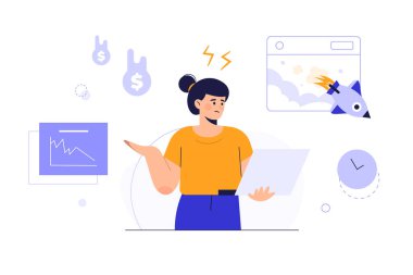 İş kadını Azalan grafiğini izlerken bunalımda ve stresli. Borsa borsası şeması. Vektör çizimi düz tasarım. Beyaz arka planda izole edilmiş. Grafik azalıyor. Aşağı doğru ok.