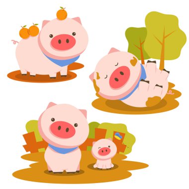 Turuncu bahçedeki küçük domuz demetini ayarlayın, şirin çizgi film vektör çizimi
