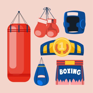 Boks Malzemeleri Set Vektörü. Kutu aksesuarları. Boxer, Ring, Belt, Kum Torbası, Kırmızı Eldiven, Miğfer. İzole edilmiş Düz Çizgi Film Çizimi
