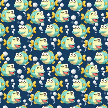 Çizgi film karakteri arka plan vektöründe kusursuz komik balık, çocuk konseptinde izole edilmiş düz vektör çizimi