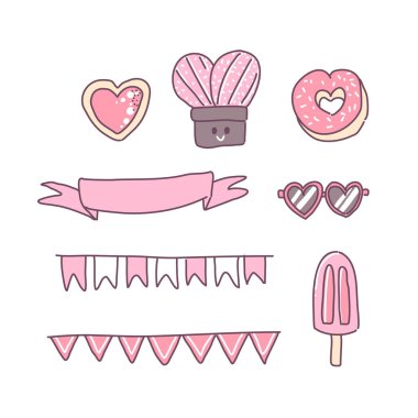 Sevgililer Günü davetiye kartları ve sayfa dekorasyonu için Düz Vektör illüstrasyonu, Sevgililer Günü konseptinde belirlenmiş büyük izole edilmiş aşk unsurları koleksiyonu