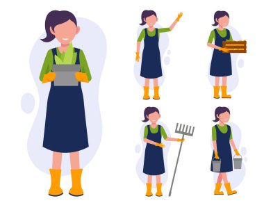 Farklı eylemleri olan, izole edilmiş vektör illüstrasyonu olan karikatür karakterindeki çiftçi ya da tarımcı grubu.