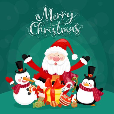 Noel Baba, Kardan Adam, Penguen ve hediye kutusuyla Mutlu Noeller.