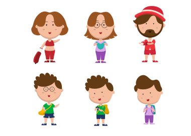 Çizgi film karakterlerinde farklı faaliyete sahip bir grup insan, izole edilmiş düz vektör çizimi