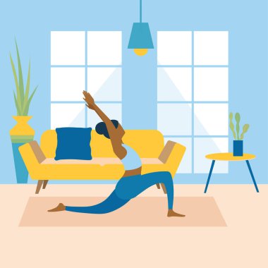 Sağlıklı genç bir kadın oturma odasında yoga yapıyor, hafta sonu evde dinleniyor. Vektör çizimi. Egzersiz, egzersiz, fitness, kapalı alan, meditasyon, yaşam tarzı, ev konseptinde kal