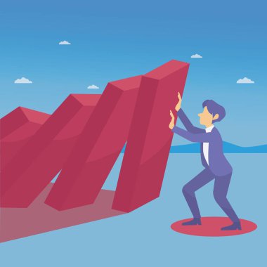 Soyut iş adamı, düşen domino taşlarına karşı çok bastırıyor iş konseptinde çizgi film karakteri, tasarım düz vektör çizimi