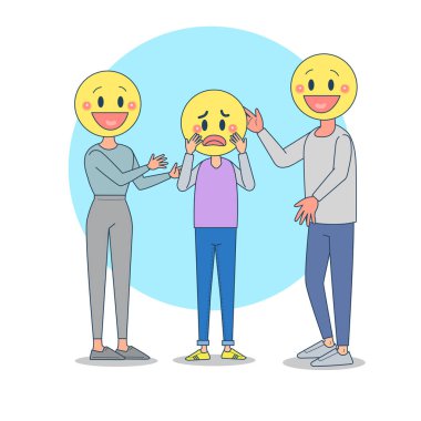 Ebeveynler oğullarının isteklerini zorla yerine getiriyorlar. Ebeveynler mutlu ama oğlu üzgün ve bunalımda. Beyaz arkaplan ile büyük izole illüstrasyon vektörü.