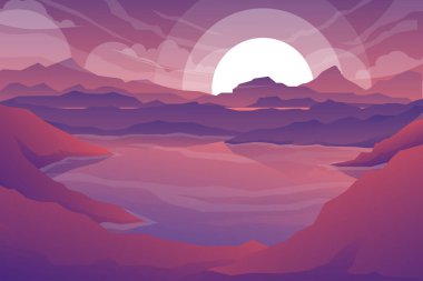 Ormanda ve vadide alacakaranlık vektörüyle doğa sahnesi