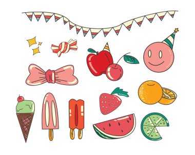 Doğum günü partisi dekorasyonu ve kalibrasyonu için büyük bir izole vektör paketi, düz renkli vektör resimleme