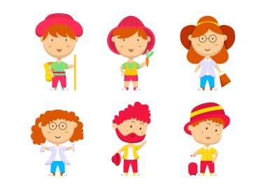 Çizgi film karakterlerinde farklı faaliyete sahip bir grup insan, izole edilmiş düz vektör çizimi