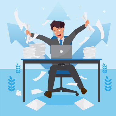 Öfkeli, büyük, soyutlanmış, iflas etmekten korkan genç bir şirket adamı. & azalan iş, liderlik başarısı ve kariyer gelişimi konsepti, düz vektör çizimi, iş adamı..