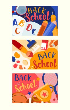 Komik okul karakterleri düz vektör illüstrasyonuyla okula hoş geldiniz..