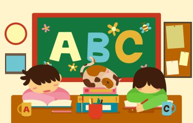 Şirin çocukların kitap okuyup öğrendikleri ve yeni şeyler keşfettikleri büyük, izole çizgi film karakteri çizimi. 