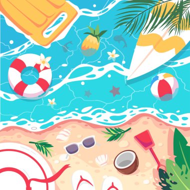 Yaz Sahnesi. Şişme salları, sörf tahtaları, topları ve yüzen yüzme küvetleri olan deniz manzarası. Sahilde geniş kenarlı şapkalar, sandaletler, kürekler, güneş gözlükleri ve hindistan cevizleri var..