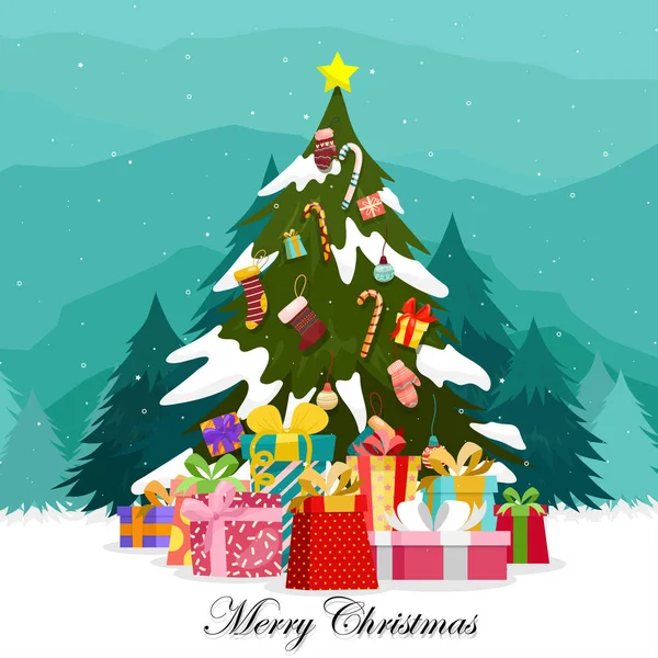 Frohe Weihnachten Mit Bunten Geschenkschachteln Weihnachtsbaum — Stockvektor