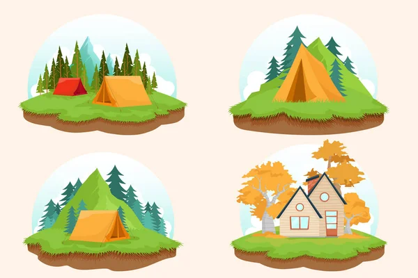 Illustration Vectorielle Avec Quatre Paysages Naturels Décor Maison Tente Camping — Image vectorielle