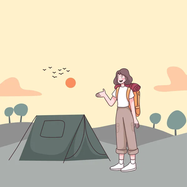 Giovane Zaino Spalla Femminile Preparando Tenda Campeggio Nella Foresta Naturale — Vettoriale Stock
