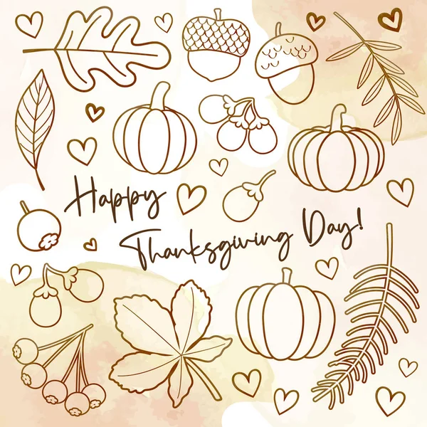 Carte Prospectus Happy Thanksgiving Day Avec Noix Citrouille Feuilles Érable — Image vectorielle