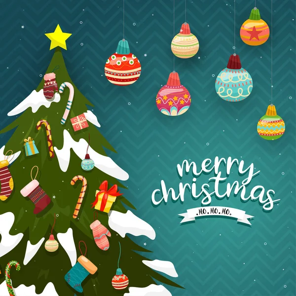 松の木や吊るし玉が飾られたギフトボックス付きメリークリスマスカード — ストックベクタ