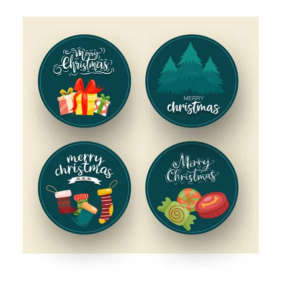 Merry Christmas Badge Circle Gift Box Socks Pine Tree Candy — Stock Vector