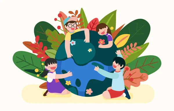 Children Hugging Green Globe Beautiful Nature Cartoon Character Happy Earth — Stock Vector