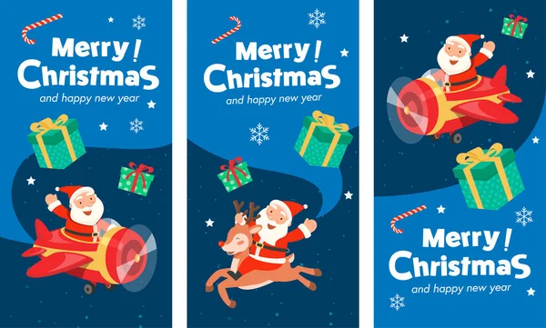 Merry Christmas Santa Plane Banner Santa Claus Riding Reindeer — Stock Vector