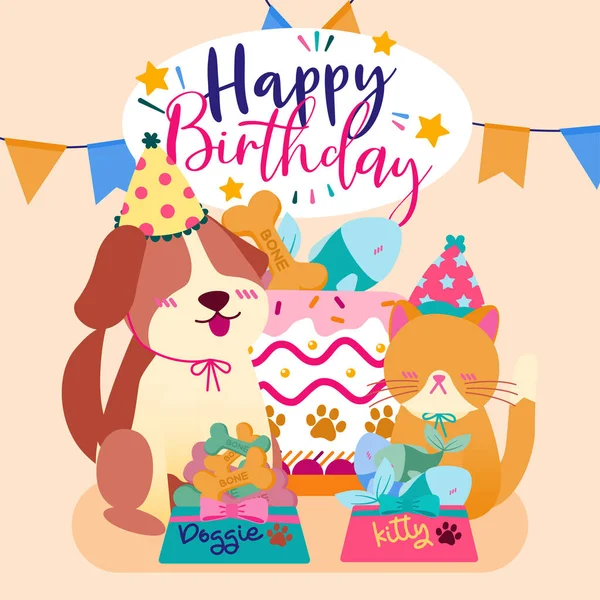 Feliz Cumpleaños Perros Gatos Adorables Con Tazón Lleno Comida Perro — Vector de stock