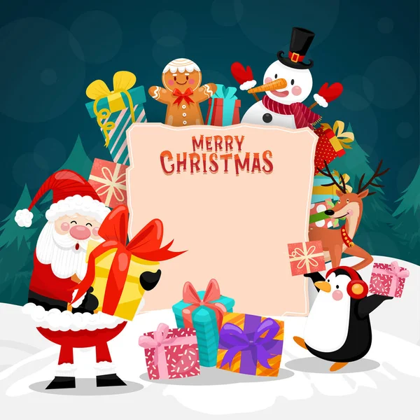 Feliz Tarjeta Navidad Con Santa Muñeco Nieve Pingüino Caja Regalo — Vector de stock