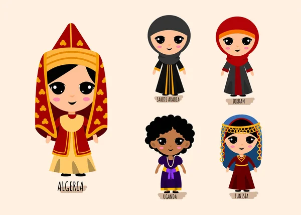 Set Von Menschen Traditioneller Westasiatischer Kleidung Zeichentrickfiguren Sammlungskonzept Für Weibliche — Stockvektor