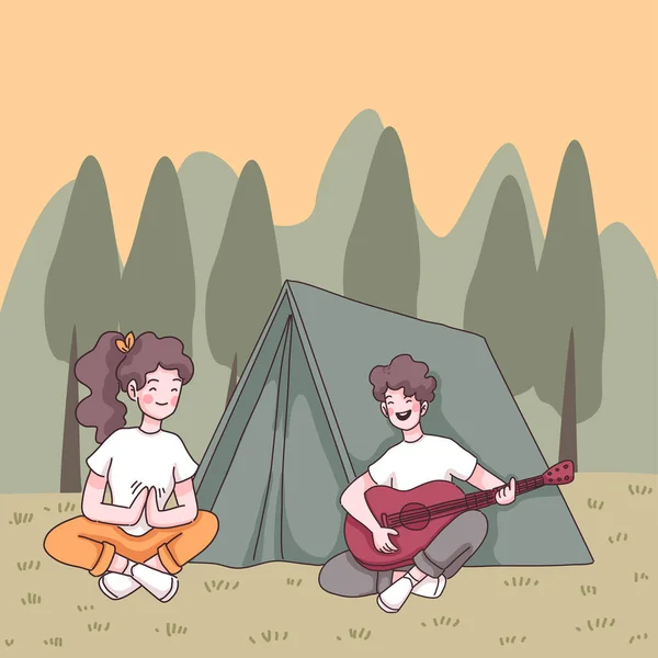 若いカップルはキャンプで楽しみます 森公園のテントの前でガールフレンドとギターを演奏男 漫画のキャラクターの描画スタイルフラットベクトルイラスト — ストックベクタ