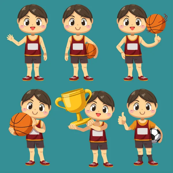 Ensemble Sportif Avec Basket Ball Soccer Avec Trophée Personnage Dessin — Image vectorielle