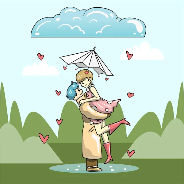 Beautiful Young Couple Umbrella Looking Each Other Romantically Rainy Day — Stock Vector