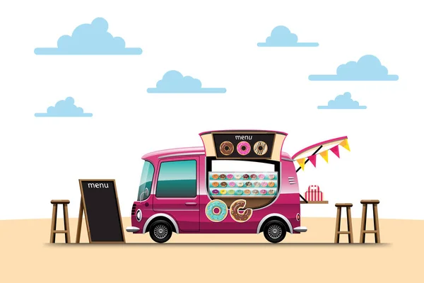 Camion Alimentaire Avec Snack Shop Donut Avec Panneau Menu Chaise — Image vectorielle